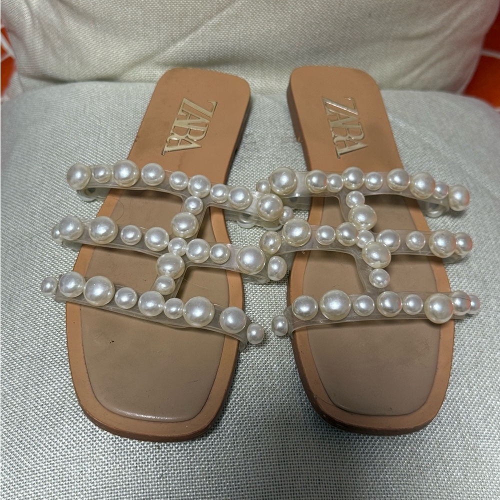 Zara Women's Beige Sandals with Pearl Details